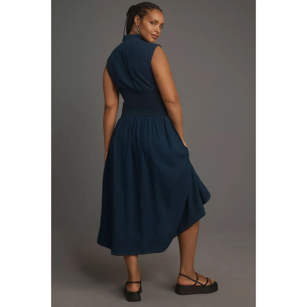 New Anthropologie The Tommie Cap-Sleeve Smocked Front-Zip Midi Shirt Dress Size - Picture 6 of 13
